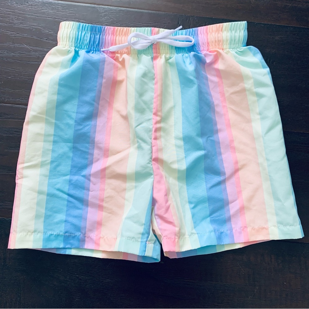 🌟 SHEIN Boys Pastel Striped Rainbow Boardshorts/Swim Trunks Shorts Size 6/7